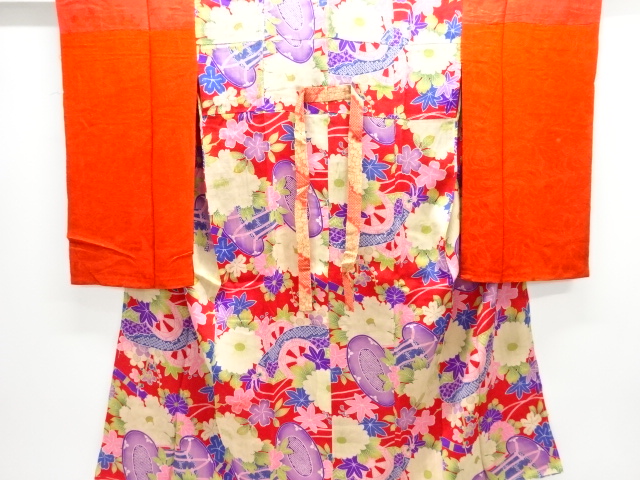 アンティーク　錦紗鼓に牡丹・菊模様長襦袢(刺繍衿付き)